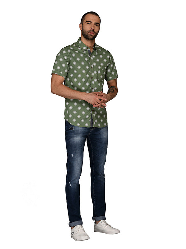 Greenfibre Army Green Printed Slim Fit Casual Shirt