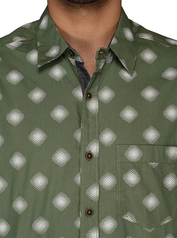 Greenfibre Army Green Printed Slim Fit Casual Shirt
