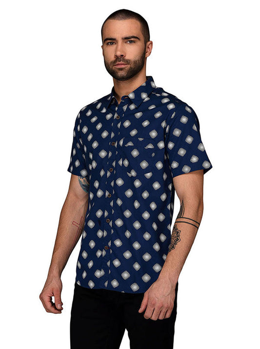 Greenfibre Summer Blue Printed Slim Fit Casual Shirt