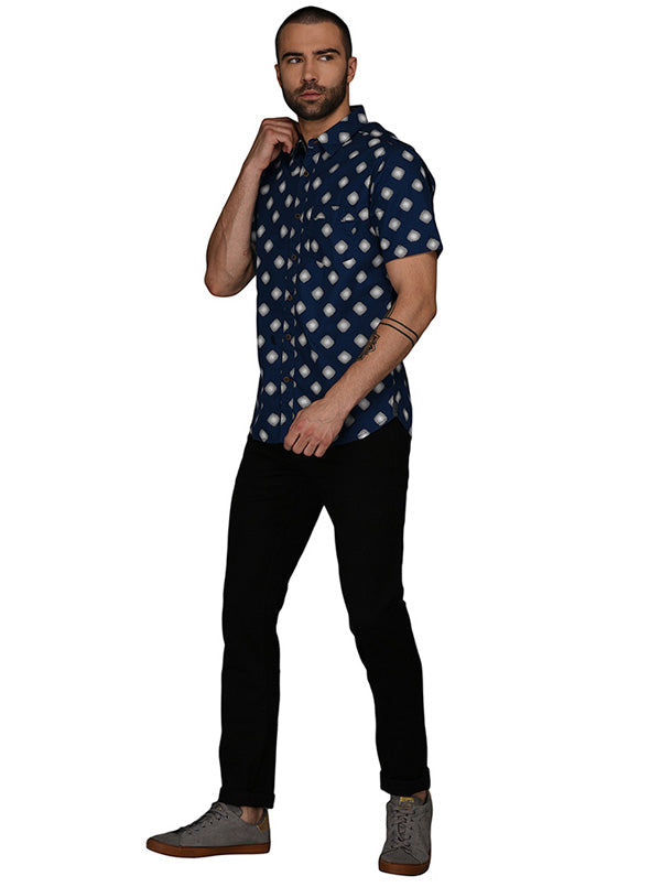 Greenfibre Summer Blue Printed Slim Fit Casual Shirt
