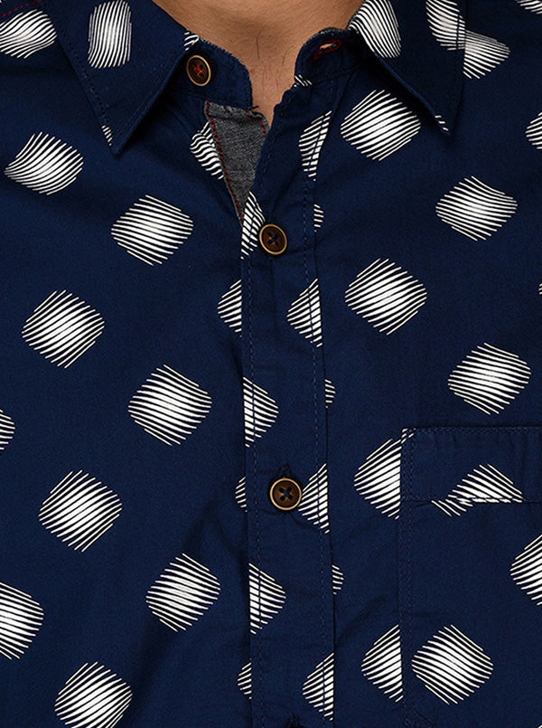 Greenfibre Summer Blue Printed Slim Fit Casual Shirt