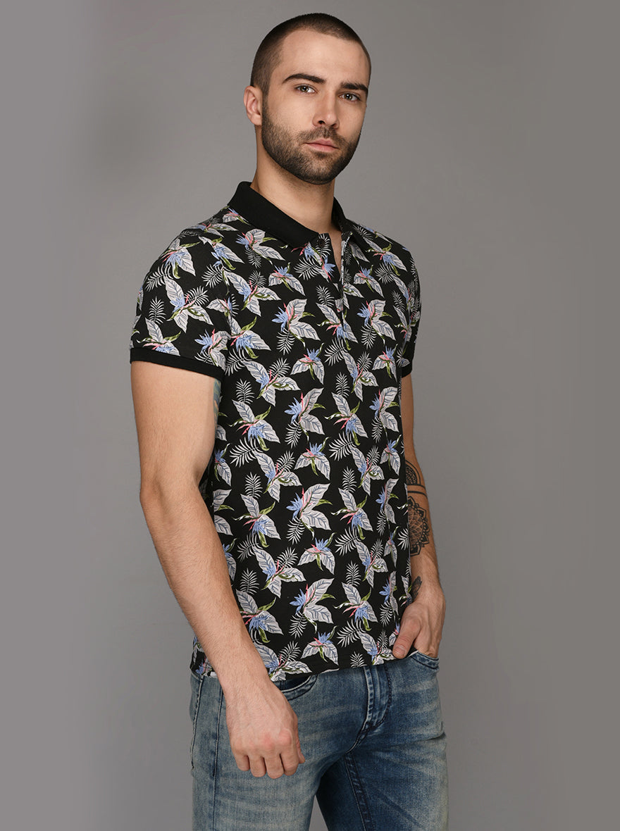 Black Printed Slim Fit Polo T-Shirt | JB Sport