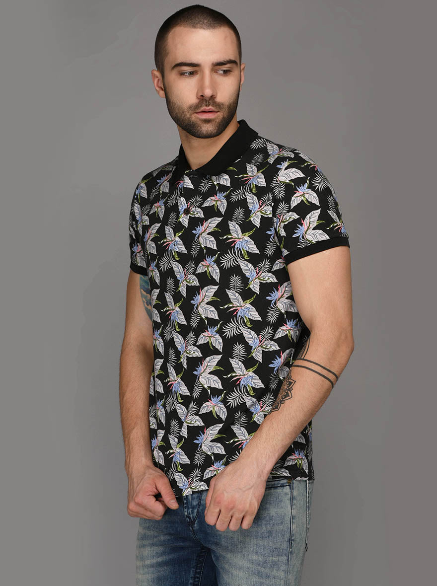 Black Printed Slim Fit Polo T-Shirt | JB Sport