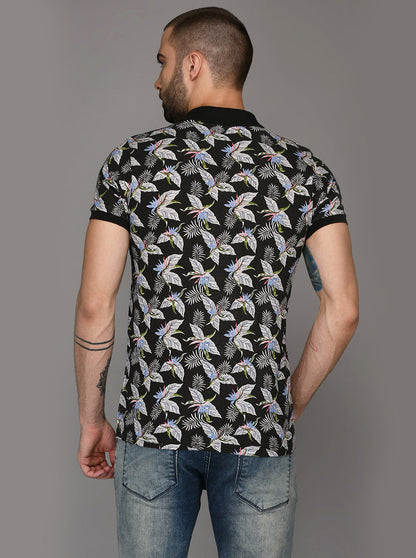 Black Printed Slim Fit Polo T-Shirt | JB Sport