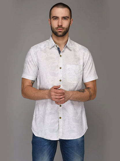 JB Sport White Printed Slim Fit Casual Shirt