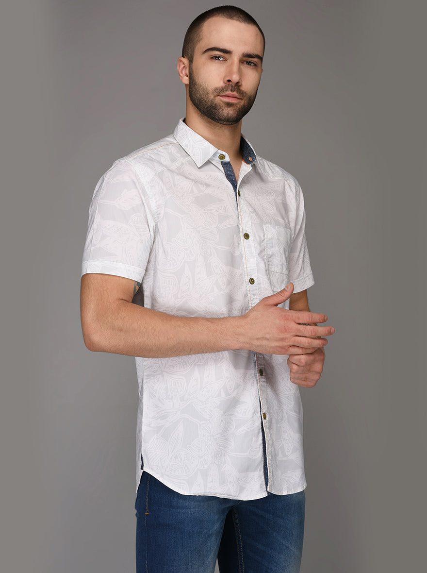 JB Sport White Printed Slim Fit Casual Shirt