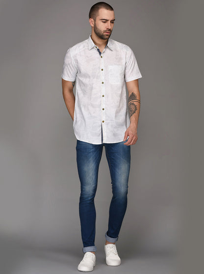 JB Sport White Printed Slim Fit Casual Shirt