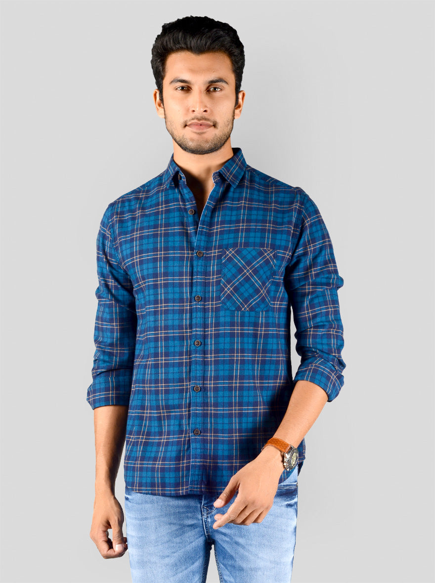 Moroccan Blue Checked Slim Fit Casual Shirt | Greenfibre