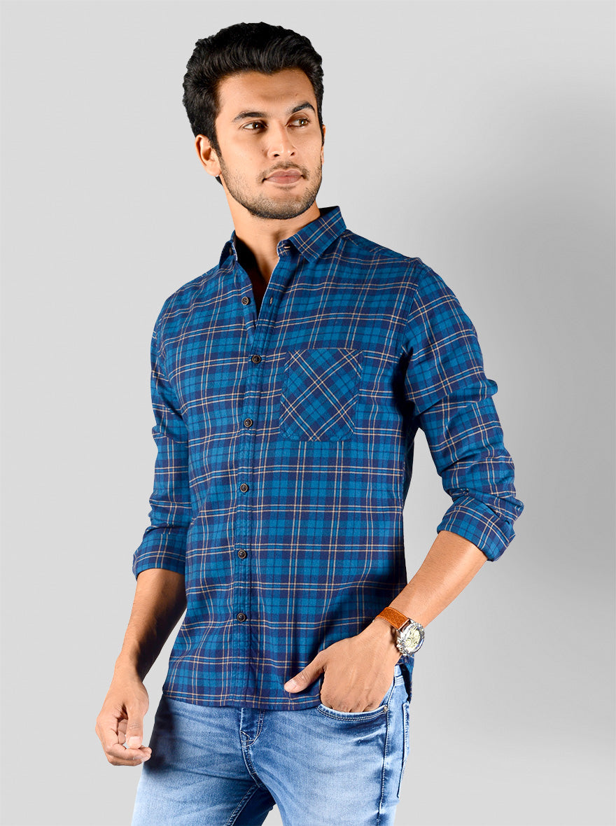 Moroccan Blue Checked Slim Fit Casual Shirt | Greenfibre