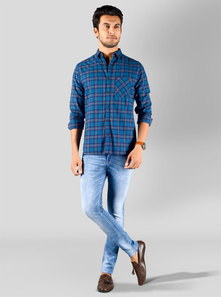 Moroccan Blue Checked Slim Fit Casual Shirt | Greenfibre