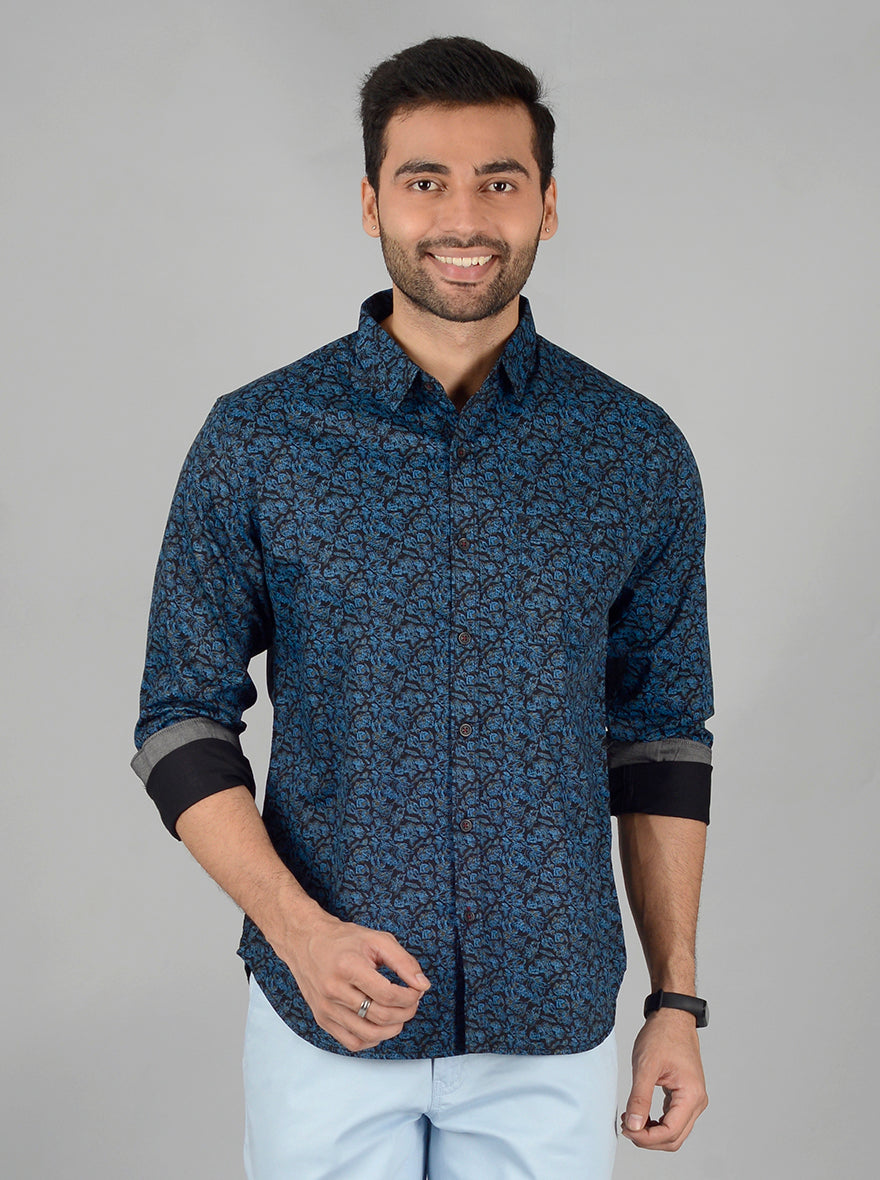 Teal Blue Printed Slim Fit Casual Shirt | Greenfibre