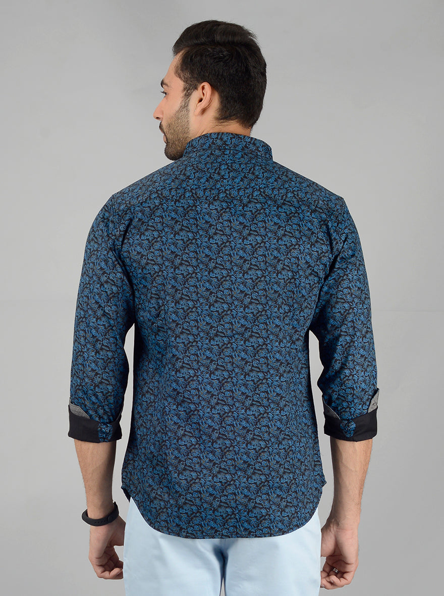 Teal Blue Printed Slim Fit Casual Shirt | Greenfibre