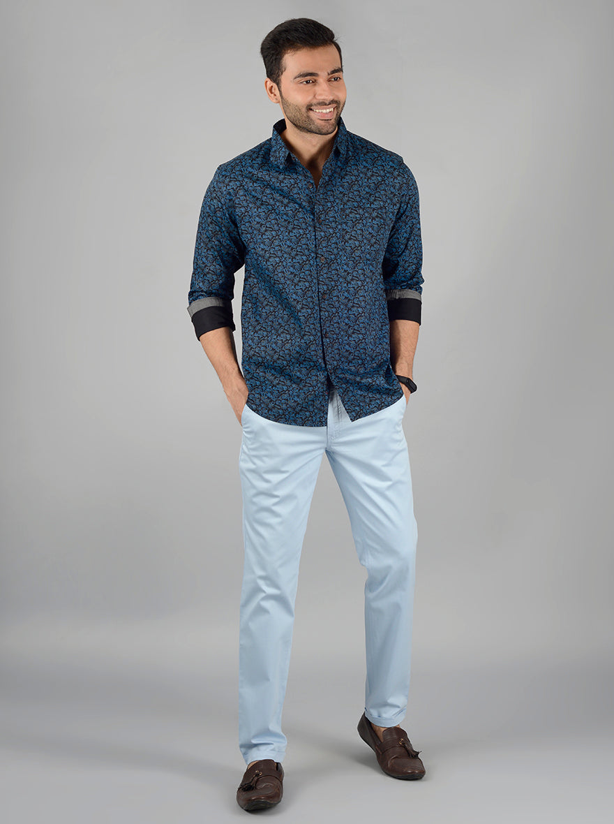 Teal Blue Printed Slim Fit Casual Shirt | Greenfibre