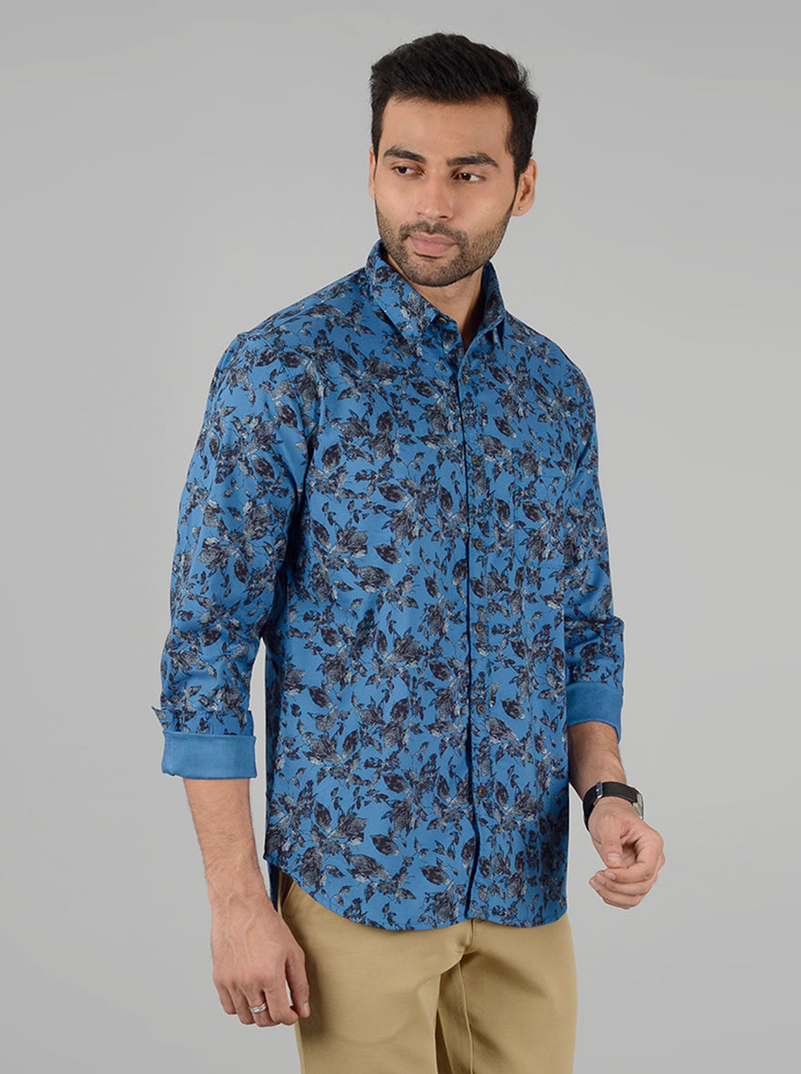 Yale Blue Printed Slim Fit Casual Shirt | Greenfibre