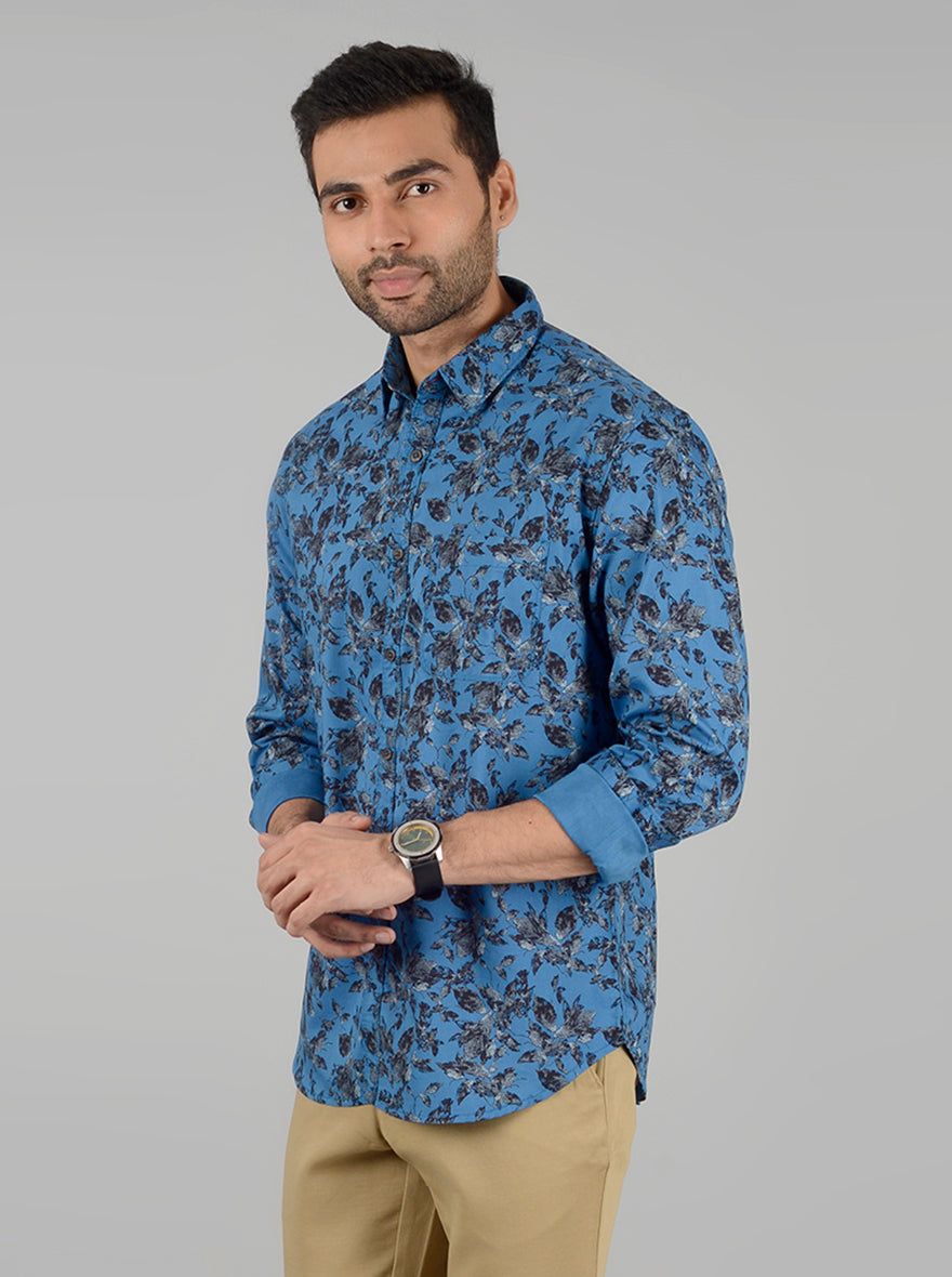 Yale Blue Printed Slim Fit Casual Shirt | Greenfibre