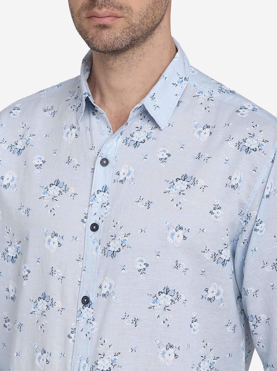 Sky Blue Printed Slim Fit Casual Shirt | Greenfibre