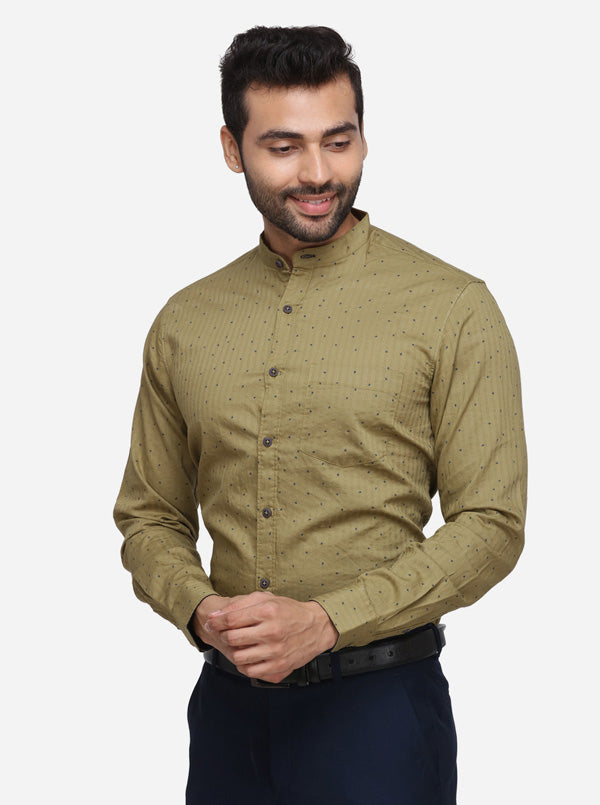 Olive Green Printed Slim Fit Casual Shirt | Greenfibre