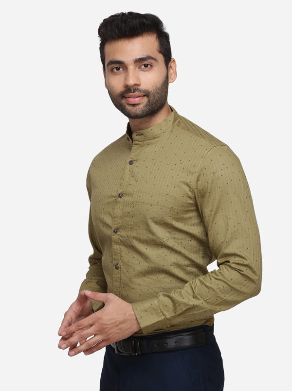 Olive Green Printed Slim Fit Casual Shirt | Greenfibre
