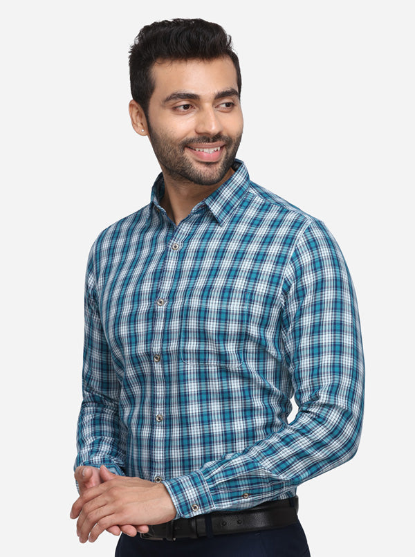 Green & White Checked Slim Fit Casual Shirt | JB Sport