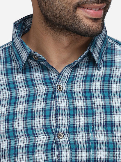 Green & White Checked Slim Fit Casual Shirt | JB Sport