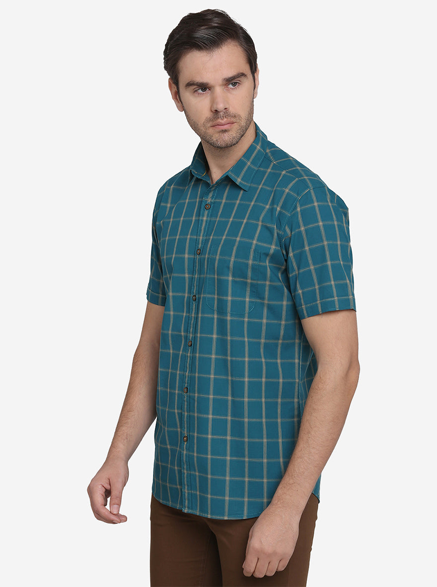Green Checked Slim Fit Casual Shirt | JadeBlue