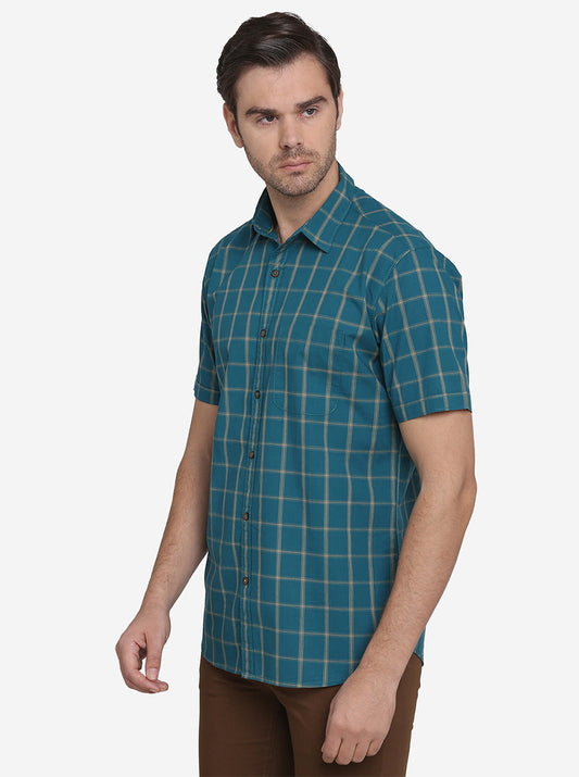Green Checked Slim Fit Casual Shirt | JadeBlue