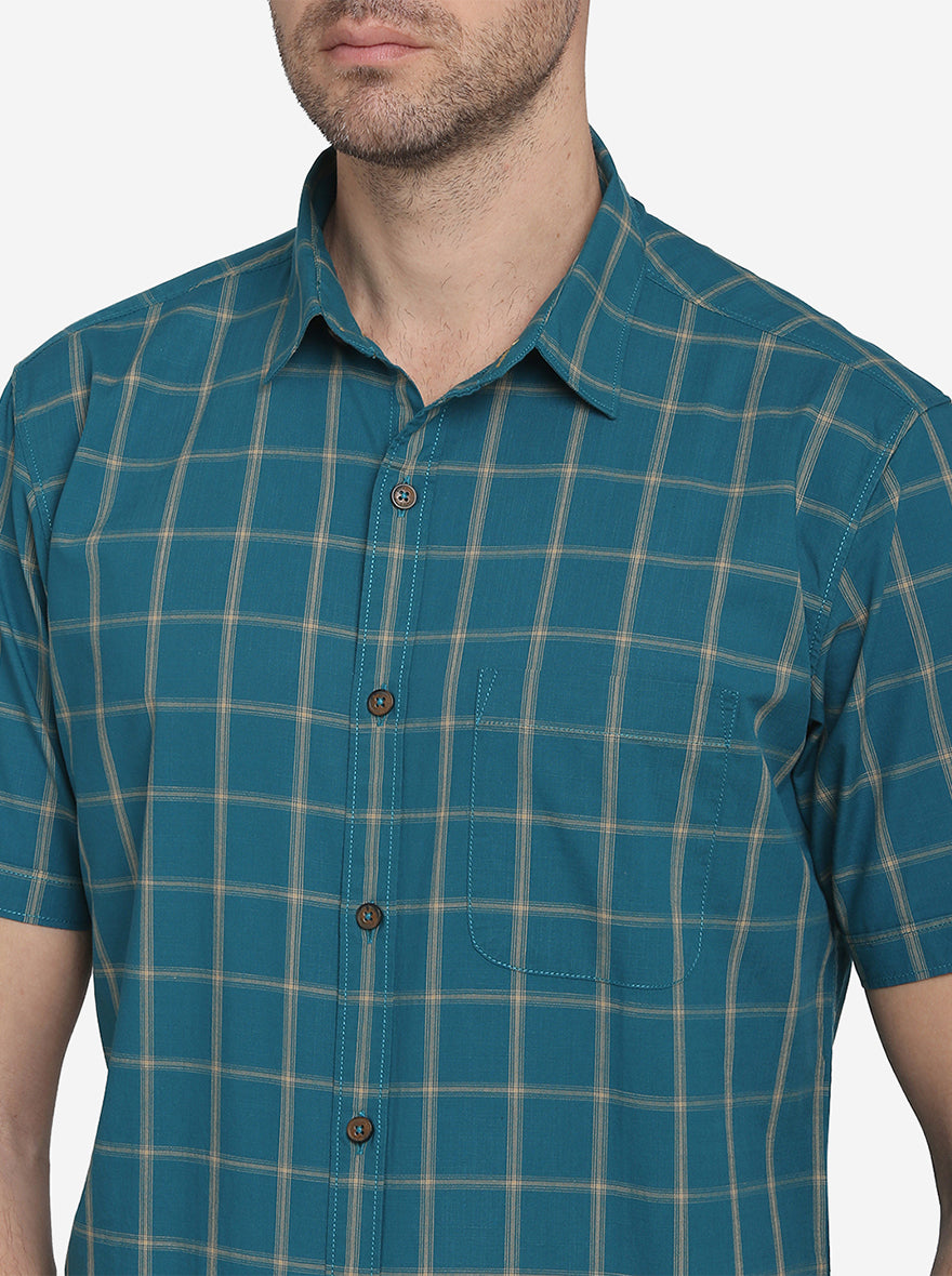 Green Checked Slim Fit Casual Shirt | JadeBlue