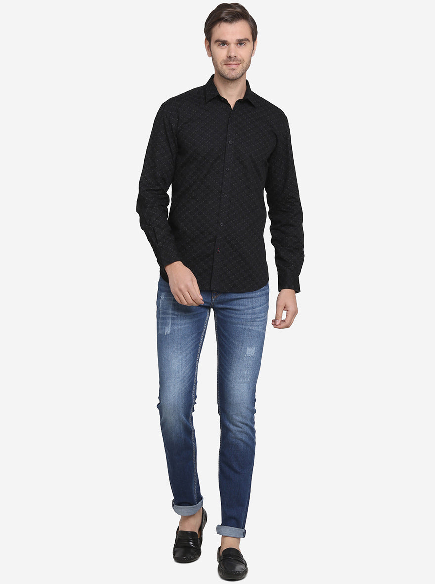 Jet Black Printed Slim Fit Casual Shirt  | JadeBlue