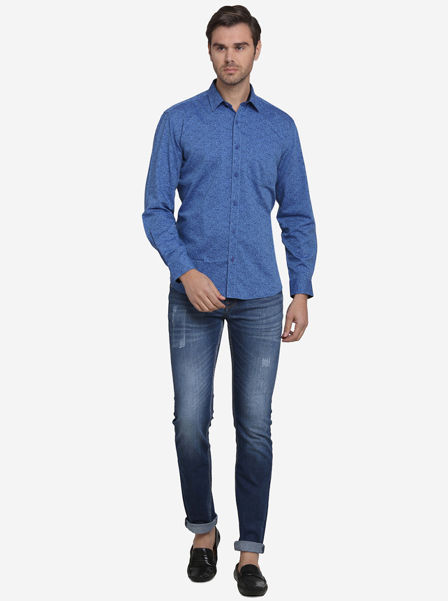 Ocean Blue Printed Slim Fit Casual Shirt  | JadeBlue