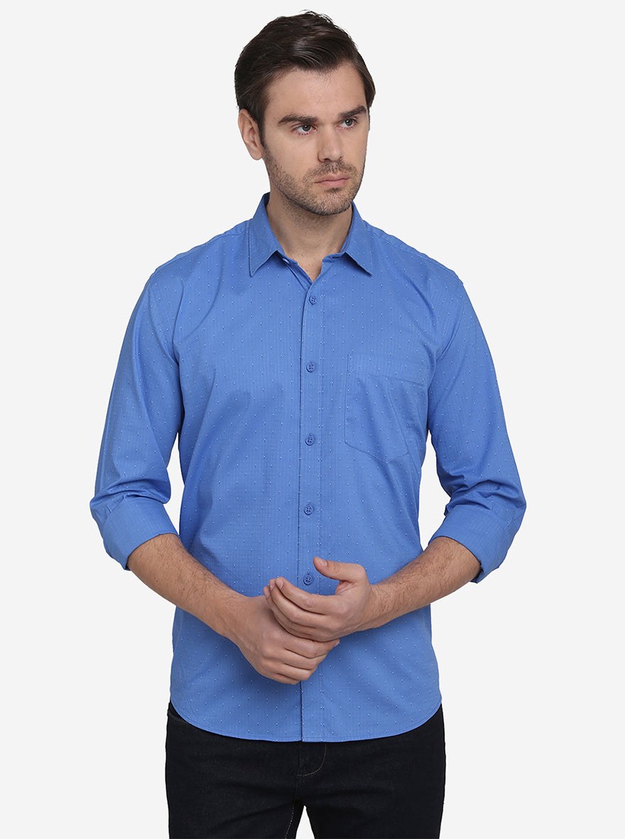 Cobalt Blue Printed Slim Fit Casual Shirt  | JadeBlue