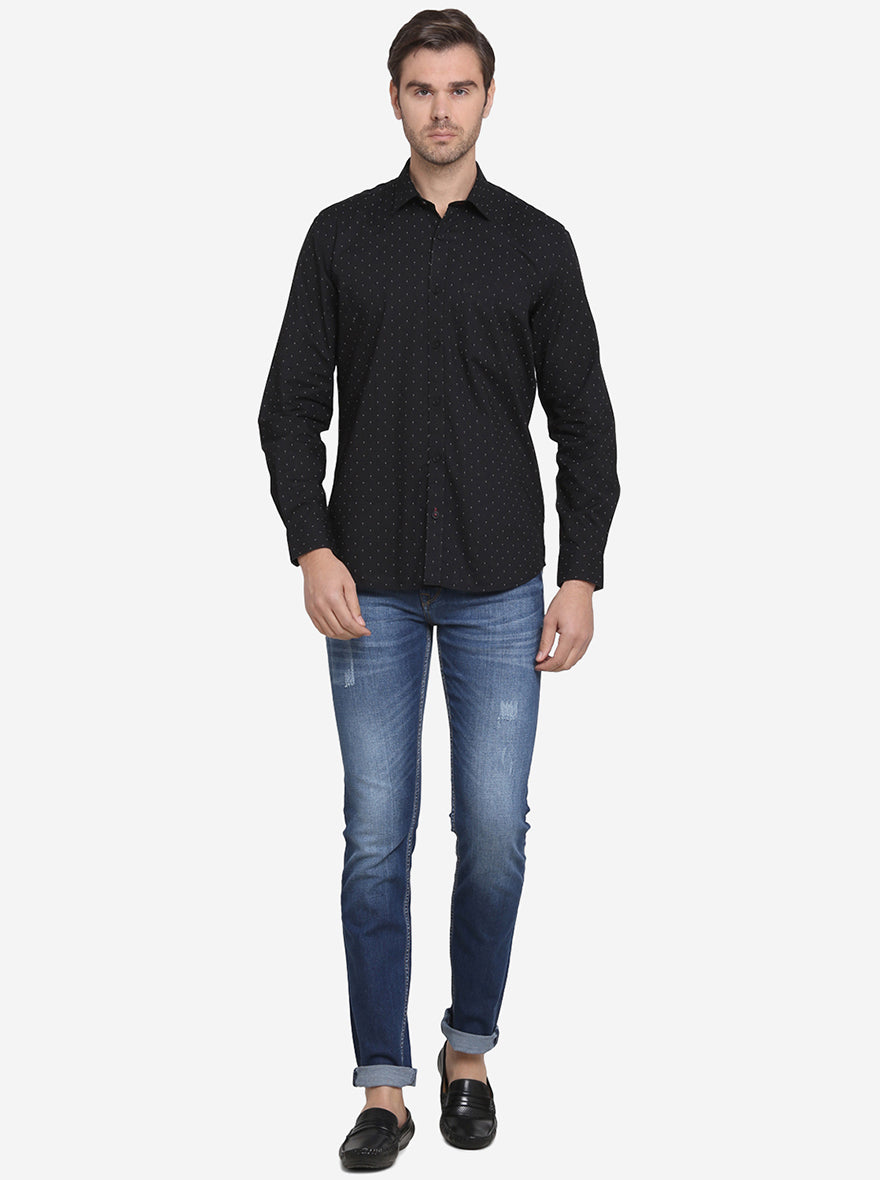 Jet Black Printed Slim Fit Casual Shirt  | JadeBlue