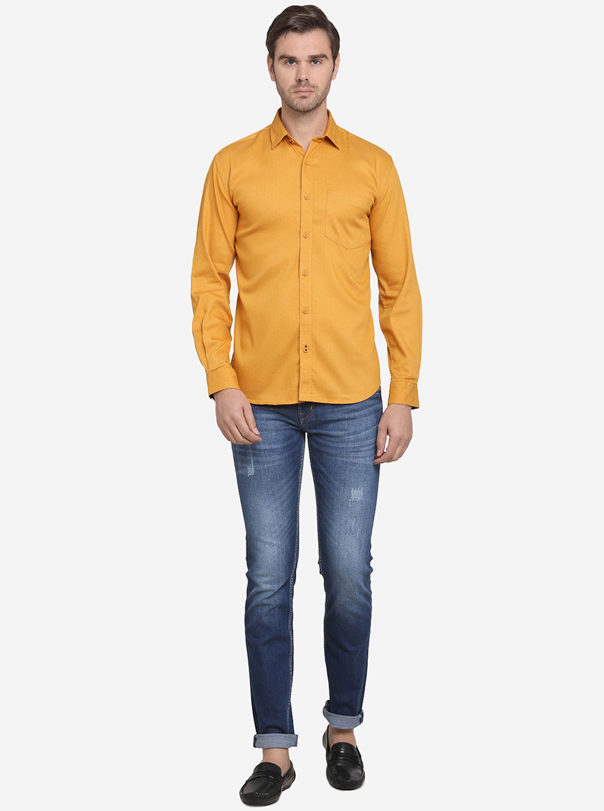 Mustard Yellow Printed Slim Fit Casual Shirt  | JadeBlue