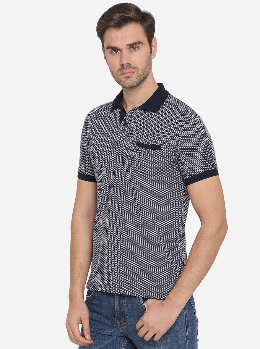 Navy Blue Printed Slim Fit Polo T-shirt | Greenfibre