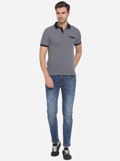 Navy Blue Printed Slim Fit Polo T-shirt | Greenfibre