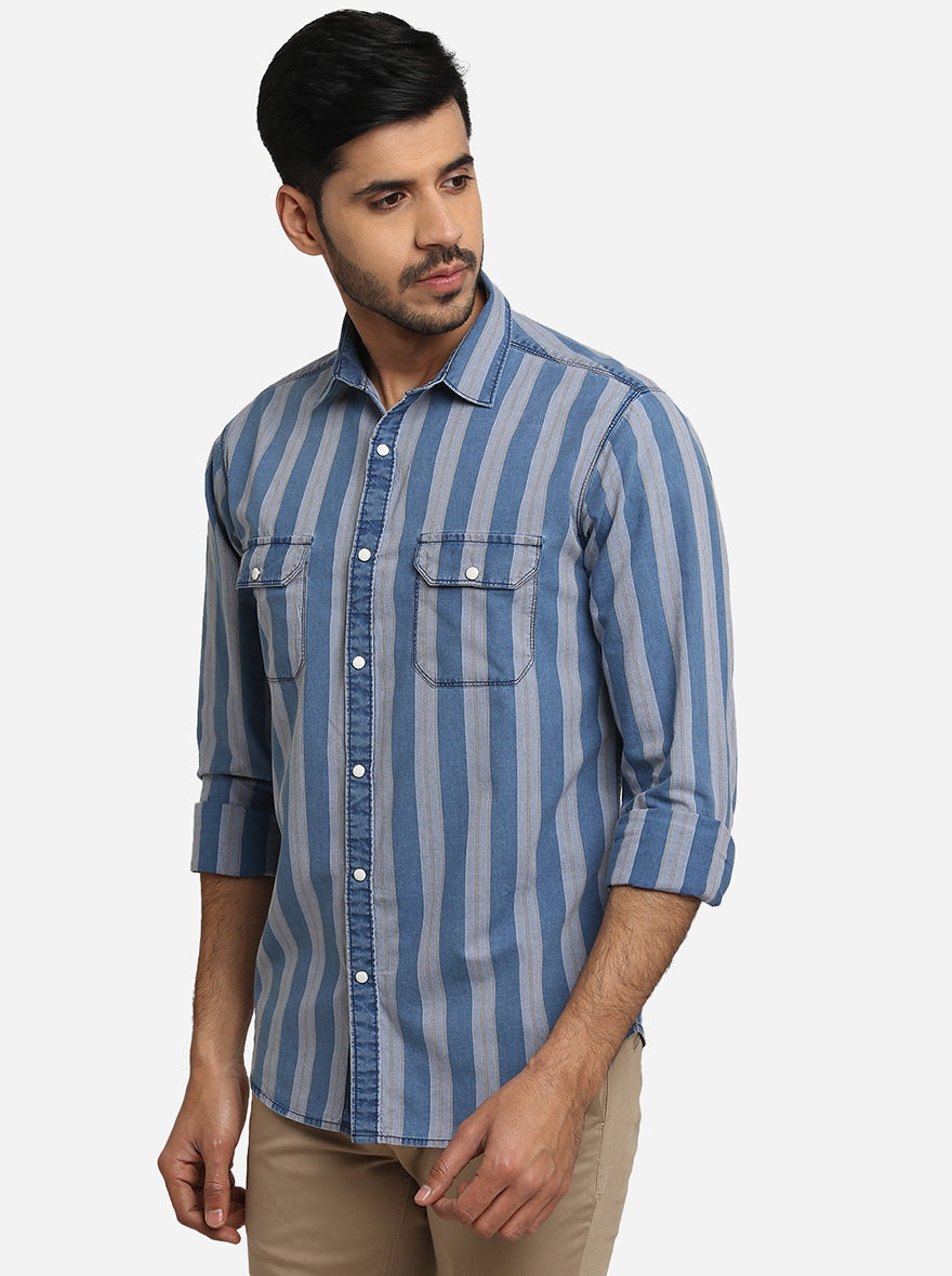 Indigo Blue Solid Slim Fit Semi Casual Shirt | Greenfibre