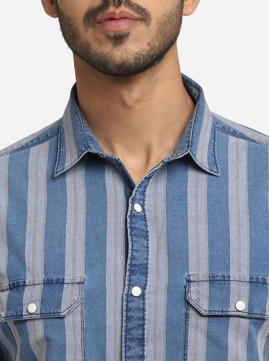 Indigo Blue Solid Slim Fit Semi Casual Shirt | Greenfibre