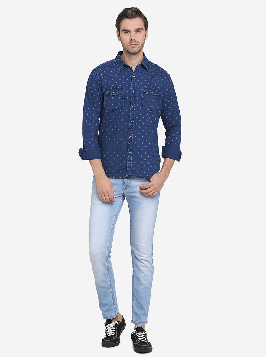 Indigo Blue Solid Slim Fit Casual Shirt  | Greenfibre