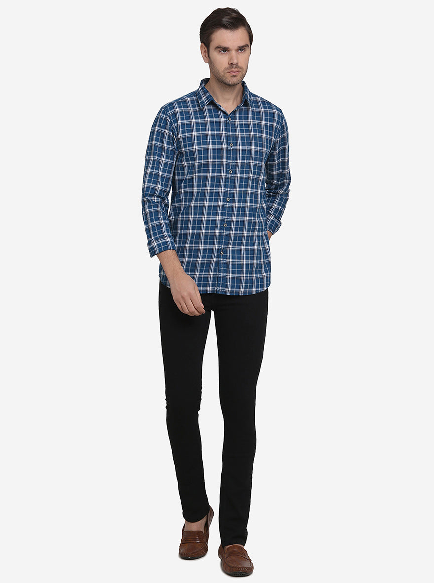 Cobalt Blue Checked Slim Fit Casual Shirt | JadeBlue