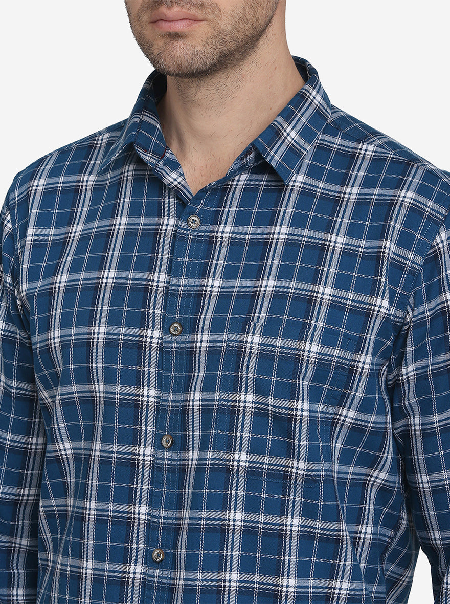 Cobalt Blue Checked Slim Fit Casual Shirt | JadeBlue