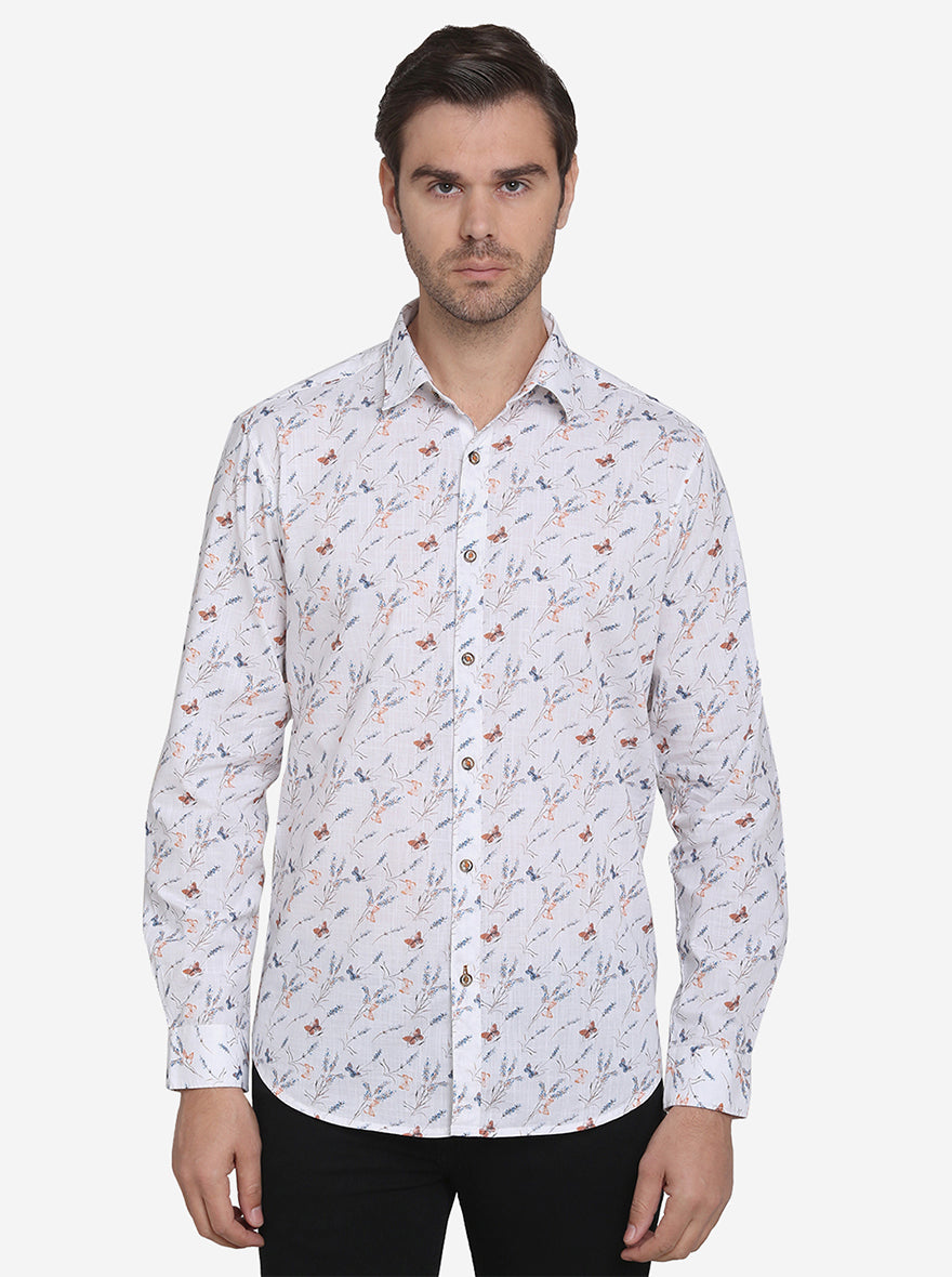 White Printed Slim Fit Casual Shirt | JadeBlue