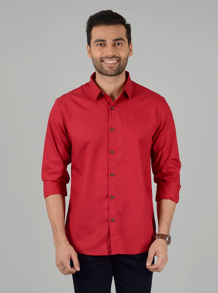 Tomato Red Solid Slim Fit Casual Shirt | Greenfibre