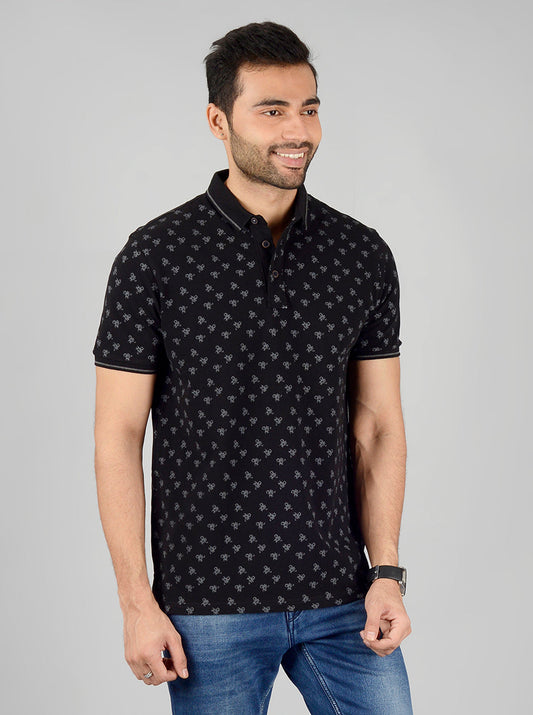 Black Printed Slim Fit Polo T-Shirt | JB Sport