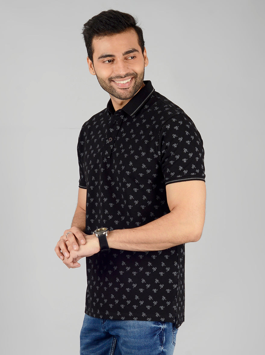 Black Printed Slim Fit Polo T-Shirt | JB Sport