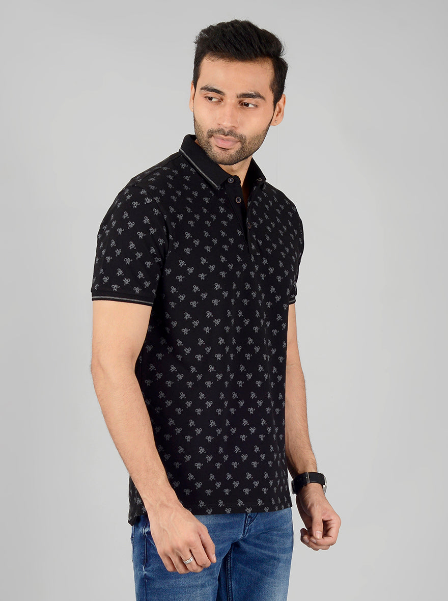 Black Printed Slim Fit Polo T-Shirt | JB Sport