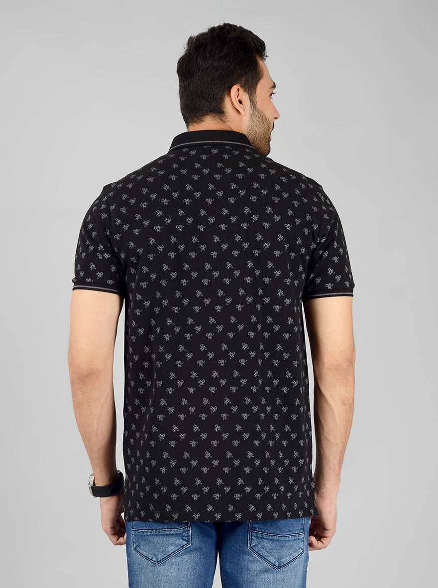 Black Printed Slim Fit Polo T-Shirt | JB Sport