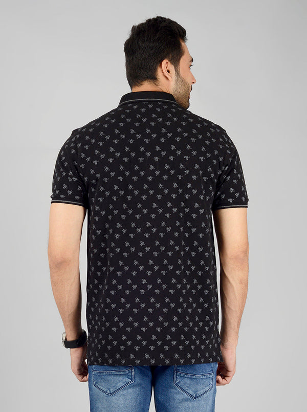 Black Printed Slim Fit Polo T-Shirt | JB Sport
