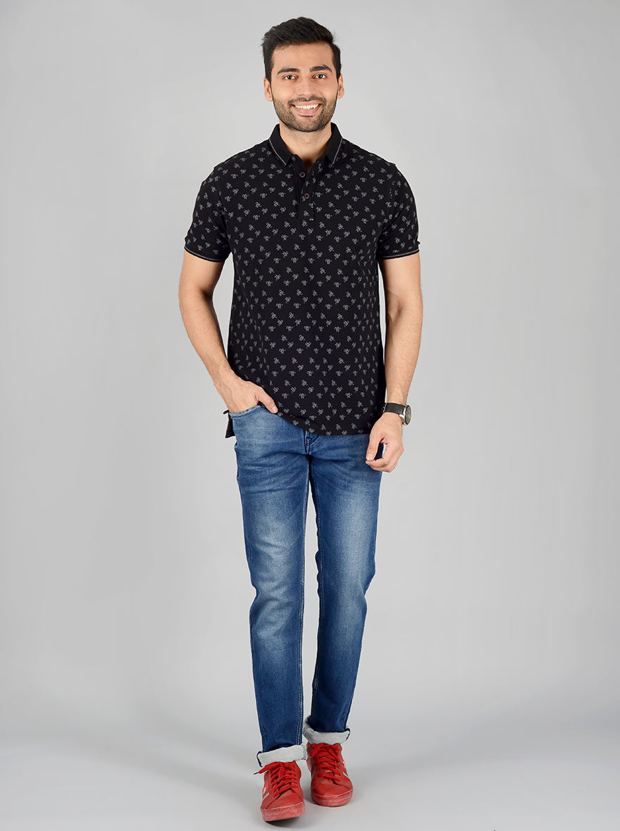 Black Printed Slim Fit Polo T-Shirt | JB Sport