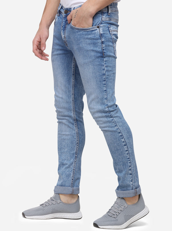 Light Blue Narrow Fit Solid Jeans | Greenfibre