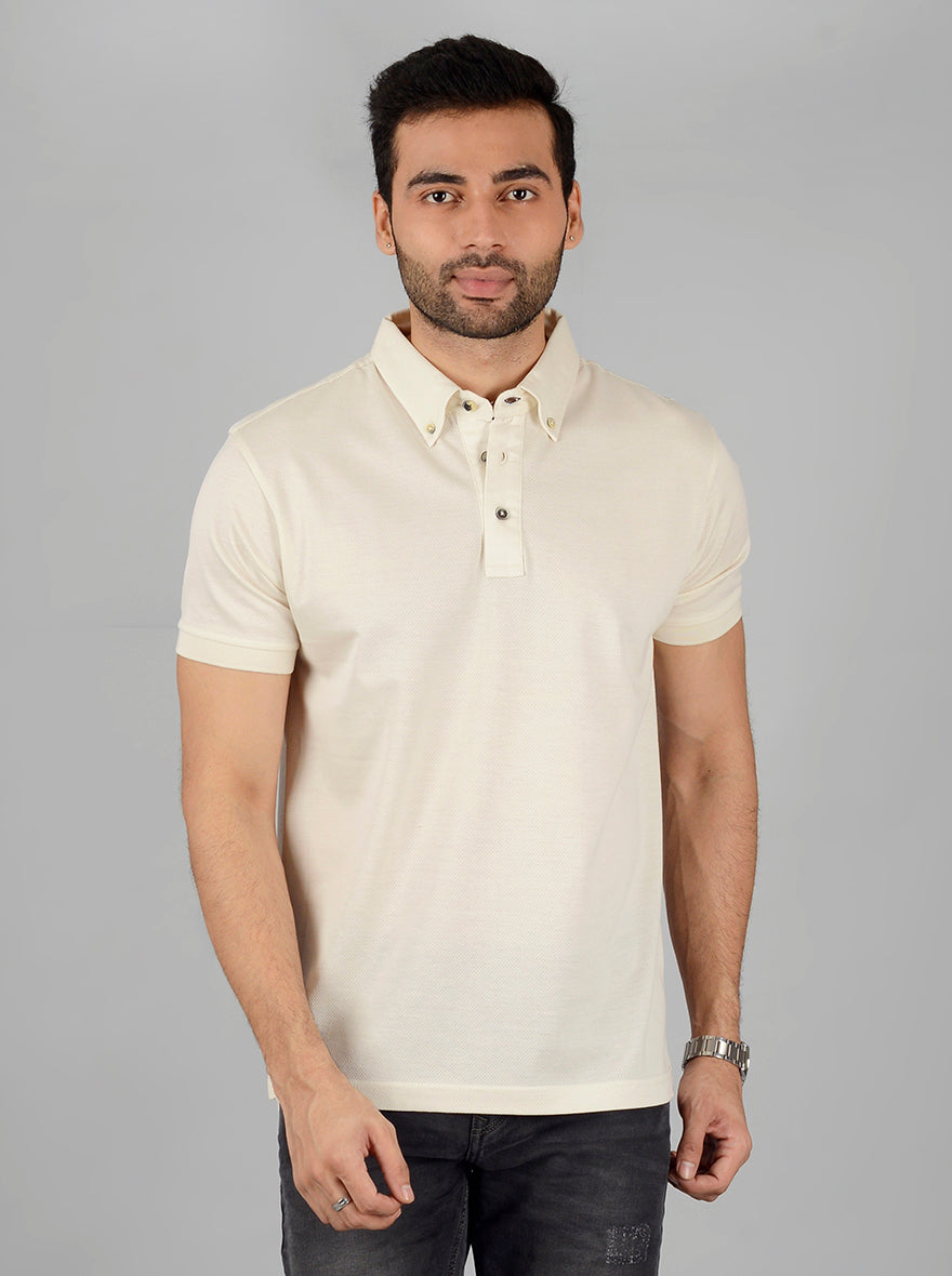 Cream Solid Slim Fit Polo T-Shirt | JB Sport