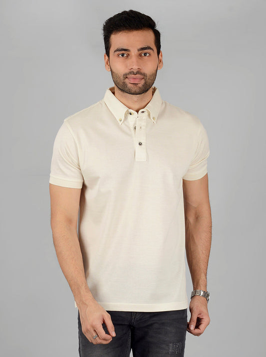 Cream Solid Slim Fit Polo T-Shirt | JB Sport